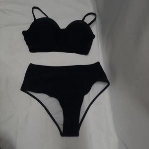 2PCS Swimsuit Black Push Up Padded Top and High-Rise Panty Bikini Set Med.